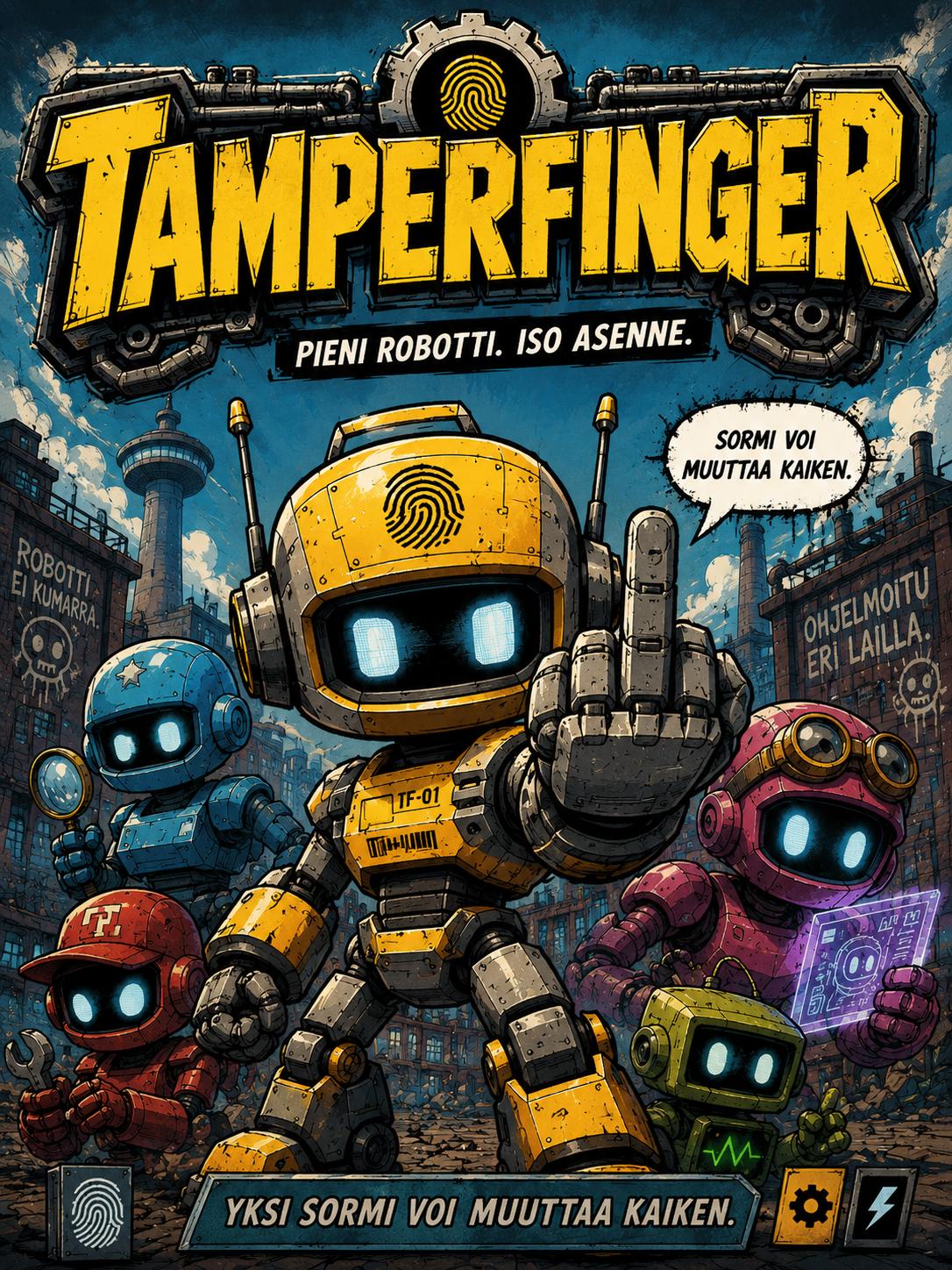 TF-01 ja muut Tamperfinger-robotit Tampereen kaduilla. Yksi sormi voi muuttaa kaiken.
